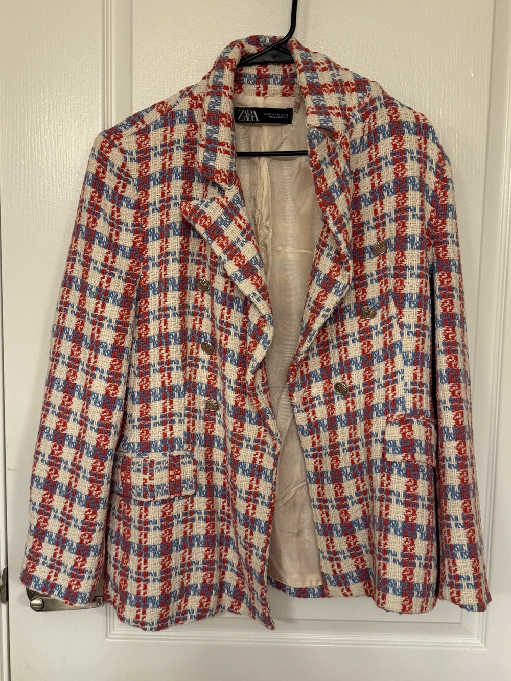 Zara Cream, Red & Blue Tweed Blazer Jacket